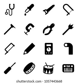 Solid vector icon set - stethoscope vector, pipette, saw, fretsaw, mason hammer, clamp, side cutters, wood drill, metal hacksaw, pencil, multimeter, allen key, awl, tambourine, drum, toy piano