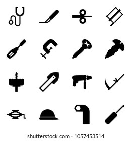 Solid vector icon set - stethoscope vector, scalpel, steel rolling, bucksaw, chisel, clamp, screw, crown drill, tile, machine, scythe, jack, construction helmet, allen key, awl