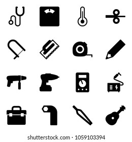 Solid vector icon set - stethoscope vector, floor scales, thermometer, steel rolling, fretsaw, trowel, measuring tape, pencil, drill machine, multimeter, welding, tool box, allen key, forceps