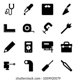 Solid vector icon set - stethoscope vector, pipette, floor scales, trowel, corner ruler, measuring tape, clamp, wood drill, pencil, multimeter, jig saw, tool box, laser lever, allen key, awl