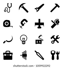 Solid vector icon set - stethoscope vector, rock axe, saw, hammer, measuring tape, clamp, milling cutter, Angular grinder, sickle, bulb, welding, wrench, tool box, allen key set, forceps