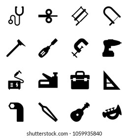 Solid vector icon set - stethoscope vector, steel rolling, bucksaw, fretsaw, mason hammer, chisel, clamp, drill, welding, stapler, tool box, corner ruler, allen key, forceps, guitar, horn toy