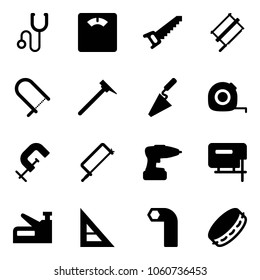 Solid vector icon set - stethoscope vector, floor scales, saw, bucksaw, fretsaw, mason hammer, trowel, measuring tape, clamp, metal hacksaw, drill, jig, stapler, corner ruler, allen key, tambourine