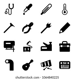 Solid vector icon set - stethoscope vector, pipette, thermometer, mason hammer, side cutters, wood drill, pencil, jig saw, welding, stapler, tool box, allen key, guitar, xylophone, toy piano