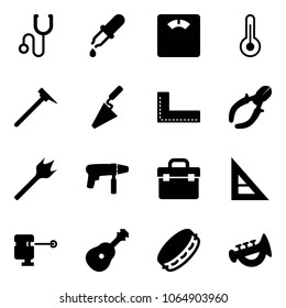 Solid vector icon set - stethoscope vector, pipette, floor scales, thermometer, mason hammer, trowel, corner ruler, side cutters, wood drill, machine, tool box, laser lever, guitar, tambourine