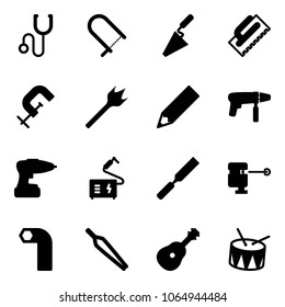 Solid vector icon set - stethoscope vector, fretsaw, trowel, clamp, wood drill, pencil, machine, welding, rasp, laser lever, allen key, forceps, guitar, drum