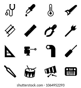 Solid vector icon set - stethoscope vector, pipette, thermometer, saw, bucksaw, level, side cutters, wood drill, corner ruler, laser lever, allen key, awl, forceps, drum, xylophone, toy piano