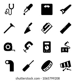 Solid vector icon set - stethoscope vector, pipette, floor scales, saw, mason hammer, trowel, level, measuring tape, clamp, multimeter, welding, allen key, awl, tambourine, xylophone