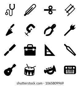 Solid vector icon set - stethoscope vector, thermometer, steel rolling, bucksaw, trowel, clamp, side cutters, wood drill, rasp, tool box, corner ruler, forceps, guitar, drum, horn toy, piano