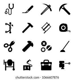 Solid vector icon set - stethoscope vector, scalpel, job, rock axe, bezier, hammer, bucksaw, measuring tape, scissors, screw, rivet, hoe, cocncrete mixer, welding, tool box, laser lever