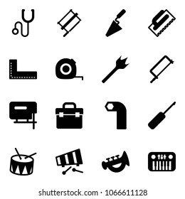 Solid vector icon set - stethoscope vector, bucksaw, trowel, corner ruler, measuring tape, wood drill, metal hacksaw, jig saw, tool box, allen key, awl, drum, xylophone, horn toy, piano