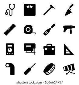 Solid vector icon set - stethoscope vector, floor scales, mason hammer, trowel, level, measuring tape, chisel, drill machine, multimeter, jig saw, tool box, corner ruler, allen key, awl, tambourine