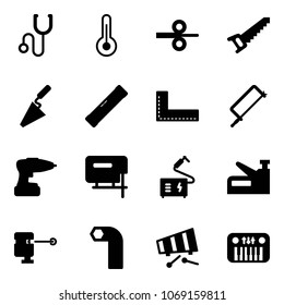 Solid vector icon set - stethoscope vector, thermometer, steel rolling, saw, trowel, level, corner ruler, metal hacksaw, drill, jig, welding, stapler, laser lever, allen key, xylophone, toy piano