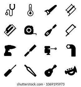 Solid vector icon set - stethoscope vector, thermometer, saw, bucksaw, trowel, measuring tape, chisel, metal hacksaw, drill, rasp, laser lever, allen key, awl, forceps, guitar, horn toy