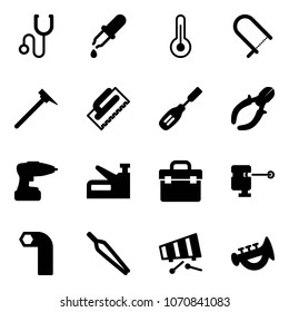 Solid vector icon set - stethoscope vector, pipette, thermometer, fretsaw, mason hammer, trowel, chisel, side cutters, drill, stapler, tool box, laser lever, allen key, forceps, xylophone, horn toy