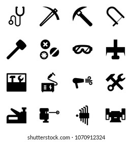 Solid Vector Icon Set - Stethoscope Vector, Job, Rock Axe, Fretsaw, Rubber Hammer, Rivet, Protective Glasses, Milling Cutter, Tool Box, Welding, Dryer, Wrench, Stapler, Laser Lever, Allen Key Set