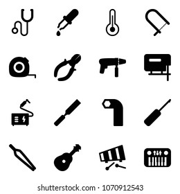 Solid vector icon set - stethoscope vector, pipette, thermometer, fretsaw, measuring tape, side cutters, drill machine, jig saw, welding, rasp, allen key, awl, forceps, guitar, xylophone, toy piano