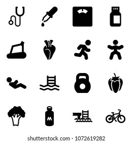 Solid vector icon set - stethoscope vector, pipette, floor scales, pills bottle, treadmill, heart, run, gymnastics, abdominal muscles, pool, weight, sweet pepper, broccoli, milk, bike