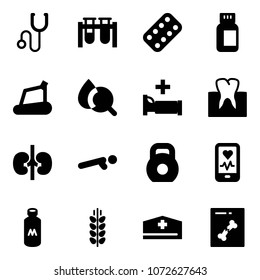 Solid Vector Icon Set - Stethoscope Vector, Vial, Pills Blister, Bottle, Treadmill, Blood Test, Hospital Bed, Tooth, Kidneys, Push Ups, Weight, Mobile Heart Monitor, Milk, Spica, Doctor Hat, X Ray