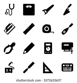 Solid vector icon set - stethoscope vector, floor scales, saw, trowel, level, measuring tape, chisel, side cutters, pencil, multimeter, jig, welding, rasp, corner ruler, toy piano