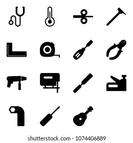 Solid vector icon set - stethoscope vector, thermometer, steel rolling, mason hammer, corner ruler, measuring tape, chisel, side cutters, drill machine, jig saw, rasp, stapler, allen key, awl