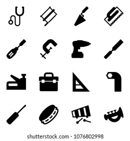 Solid vector icon set - stethoscope vector, bucksaw, trowel, chisel, clamp, drill, rasp, stapler, tool box, corner ruler, allen key, awl, tambourine, xylophone, horn toy