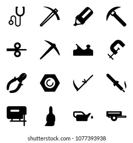 Solid vector icon set - stethoscope vector, job, highlight marker, rock axe, steel rolling, jointer, clamp, side cutters, nut, scythe, soldering iron, jig saw, brush, oiler, trailer
