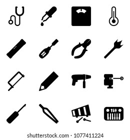 Solid vector icon set - stethoscope vector, pipette, floor scales, thermometer, level, chisel, side cutters, wood drill, metal hacksaw, pencil, machine, laser lever, awl, forceps, xylophone