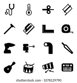 Solid vector icon set - stethoscope vector, thermometer, steel rolling, bucksaw, mason hammer, trowel, corner ruler, measuring tape, drill, laser lever, allen key, forceps, guitar, drum, xylophone