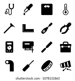 Solid vector icon set - stethoscope vector, pipette, floor scales, thermometer, mason hammer, corner ruler, chisel, side cutters, multimeter, jig saw, rasp, tool box, allen key, awl, tambourine