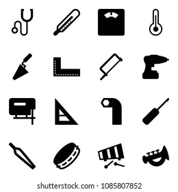 Solid vector icon set - stethoscope vector, thermometer, floor scales, trowel, corner ruler, metal hacksaw, drill, jig saw, allen key, awl, forceps, tambourine, xylophone, horn toy