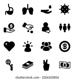 Solid vector icon set - stomach vector, lungs, drop hand, virus, investment, user login, group, heart, idea, dollar, world, victory, money