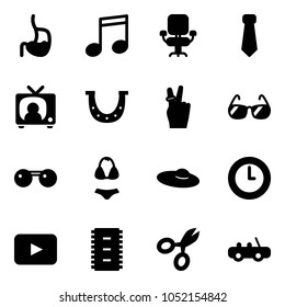 Solid vector icon set - stomach vector, music, office chair, tie, tv news, luck, victory, sunglasses, swimsuit, woman hat, clock, playback, chip, scissors, toy car