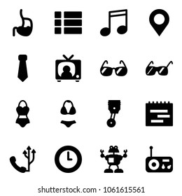Solid vector icon set - stomach vector, menu, music, map pin, tie, tv news, sunglasses, swimsuit, piston, terms plan, phone, clock, robot, radio