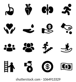 Solid vector icon set - stomach vector, heart, kidneys, run, care, drop hand, investment, group, career, sproute, opportunity, rich, dollar, money