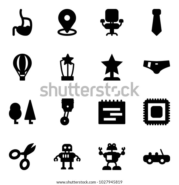 Solid vector icon set - stomach\
vector, map pin, office chair, tie, air balloon, award, swimsuit,\
forest, piston, terms plan, cpu, scissors, robot, toy\
car