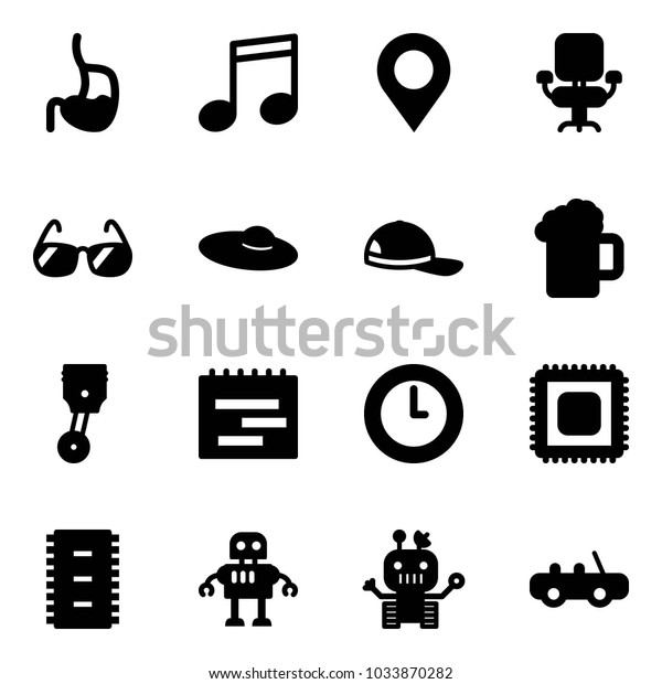 Solid vector icon set - stomach\
vector, music, map pin, office chair, sunglasses, woman hat, cap,\
beer, piston, terms plan, clock, cpu, chip, robot, toy\
car