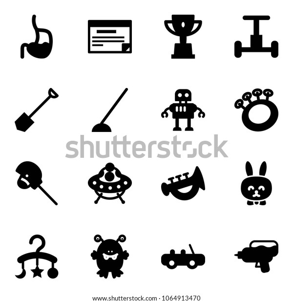 Solid vector icon\
set - stomach vector, schedule, win cup, gyroscope, shovel, hoe,\
robot, beanbag, horse stick toy, ufo, horn, rabbit, baby carousel,\
monster, car, water gun