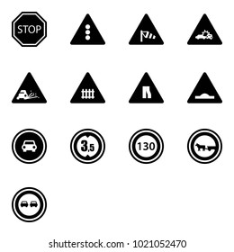 Solid vector icon set - stop vector road sign, traffic light, side wind, car crash, gravel, railway intersection, narrows, artificial unevenness, no, limited height, speed limit 130, cart horse