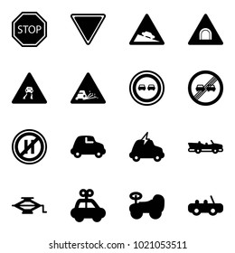 Solid vector icon set - stop vector road sign, giving way, steep descent, tunnel, slippery, gravel, no overtake, end limit, parking even, car, electric, cabrio, jack, toy, baby