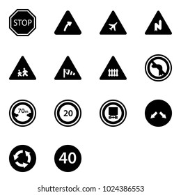 Solid vector icon set - stop vector road sign, turn right, airport, abrupt, children, side wind, railway intersection, no left, limited distance, speed limit 20, dangerous cargo, detour, circle