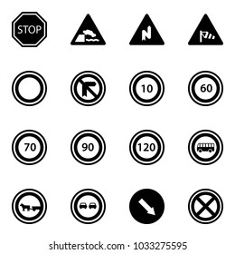 Solid vector icon set - stop vector road sign, embankment, abrupt turn right, side wind, prohibition, speed limit 10, 60, 70, 90, 120, no bus, cart horse, overtake, detour