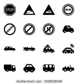 Solid vector icon set - stop vector road sign, climb, car crash, no overtake, limit, parking, even, limousine, cabrio, baggage, wireless, truck toy, bus