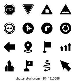 Solid vector icon set - stop vector road sign, giving way, tunnel, rough, no overtake, only forward right, circle, left arrow, map pin, flag, arrows up, trip, cursor