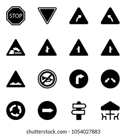 Solid vector icon set - stop vector road sign, giving way, turn right, left, embankment, intersection, rough, no horn, only, detour, circle, signpost, outdoor cafe