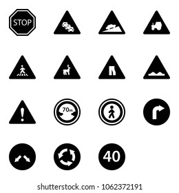 Solid vector icon set - stop vector road sign, multi lane traffic, climb, tractor way, pedestrian, wild animals, narrows, rough, attention, limited distance, no, only right, detour, circle