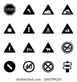 Solid vector icon set - stop vector road sign, turn left, steep descent, embankment, tunnel, traffic light, pedestrian, children, intersection, side wind, cow, no horn, detour, end speed limit