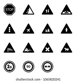 Solid vector icon set - stop vector road sign, landslide, oncoming traffic, drawbridge, light, airport, children, intersection, side wind, gravel, railway, cow, limited height, speed limit 90