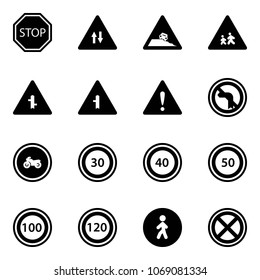 Solid vector icon set - stop vector road sign, oncoming traffic, steep roadside, children, intersection, attention, no left turn, moto, speed limit 30, 40, 50, 100, 120, pedestrian way