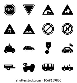 Solid vector icon set - stop vector road sign, giving way, embankment, tractor, slippery, rough, no parking, even, electric car, limousine, piston, wireless, trailer, baby, toy bus